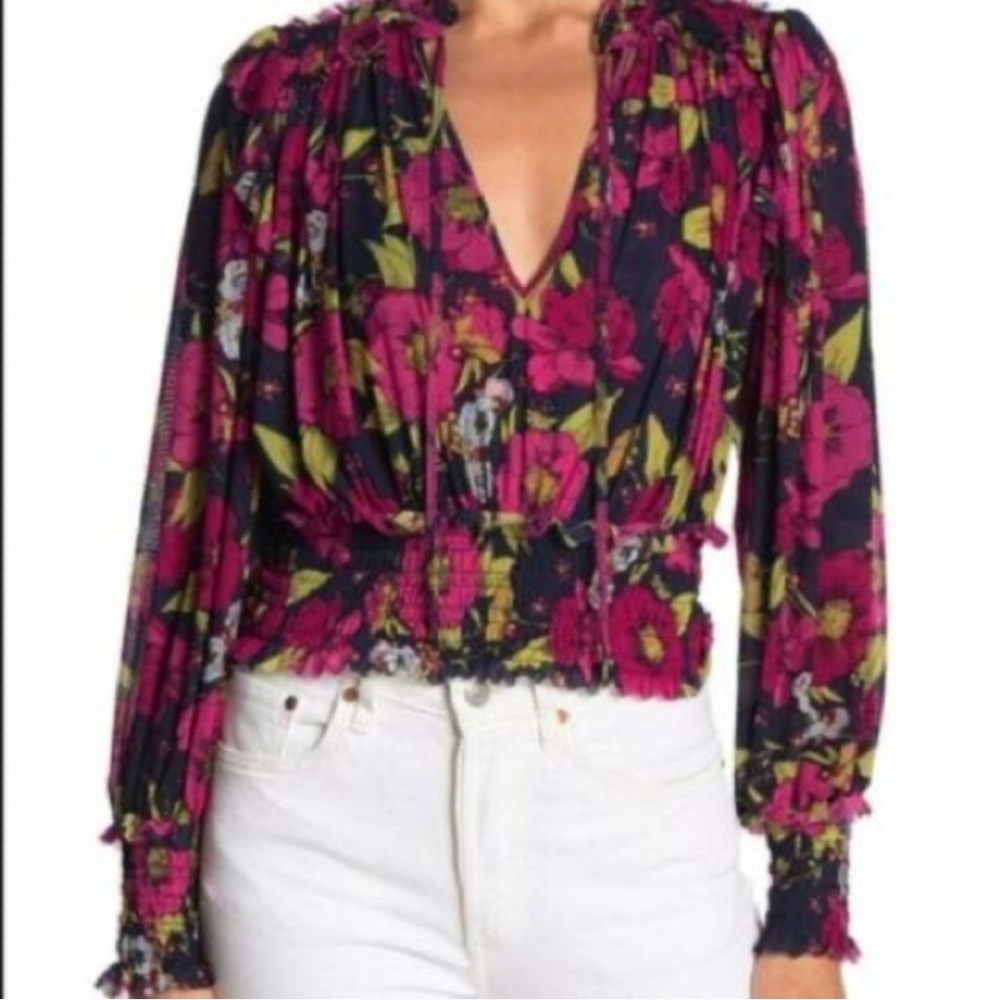 Free People Twilight Blouse Dark Combo Floral Long Sleeve Smocked Whimsey XS